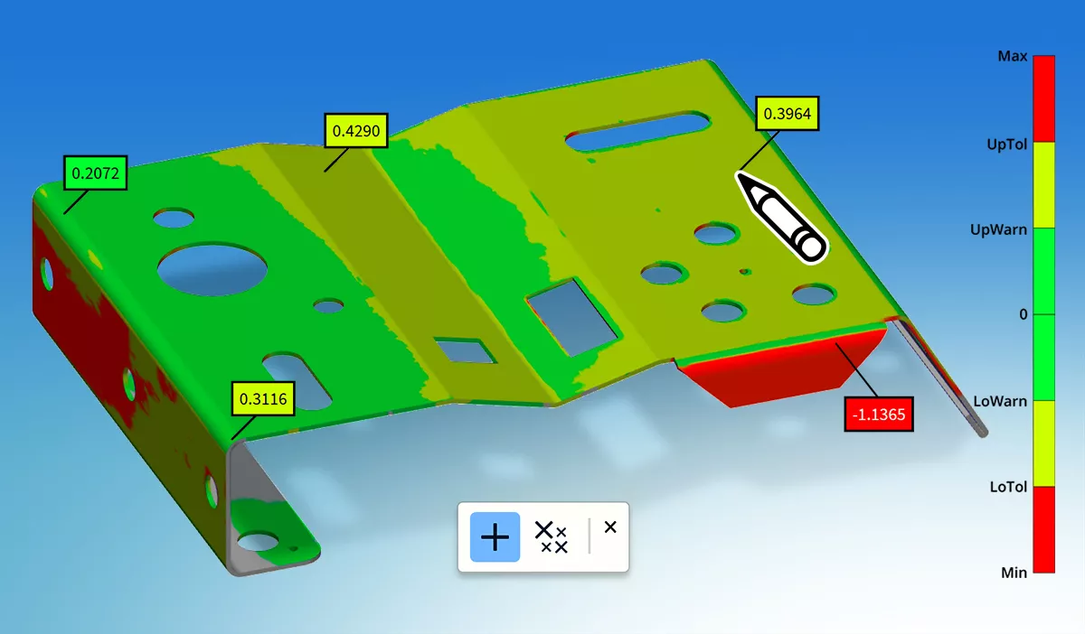 PolyWorks|DataLoop 2025 ช่วยให้ผู้ใช้ตรวจสอบค่าเบี่ยงเบนพื้นผิวของชิ้นงานที่วัดแบบ 3 มิติโดยการโต้ตอบกับแผนที่สี